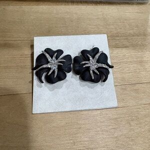 Black Floral Earrings with Silver Accents